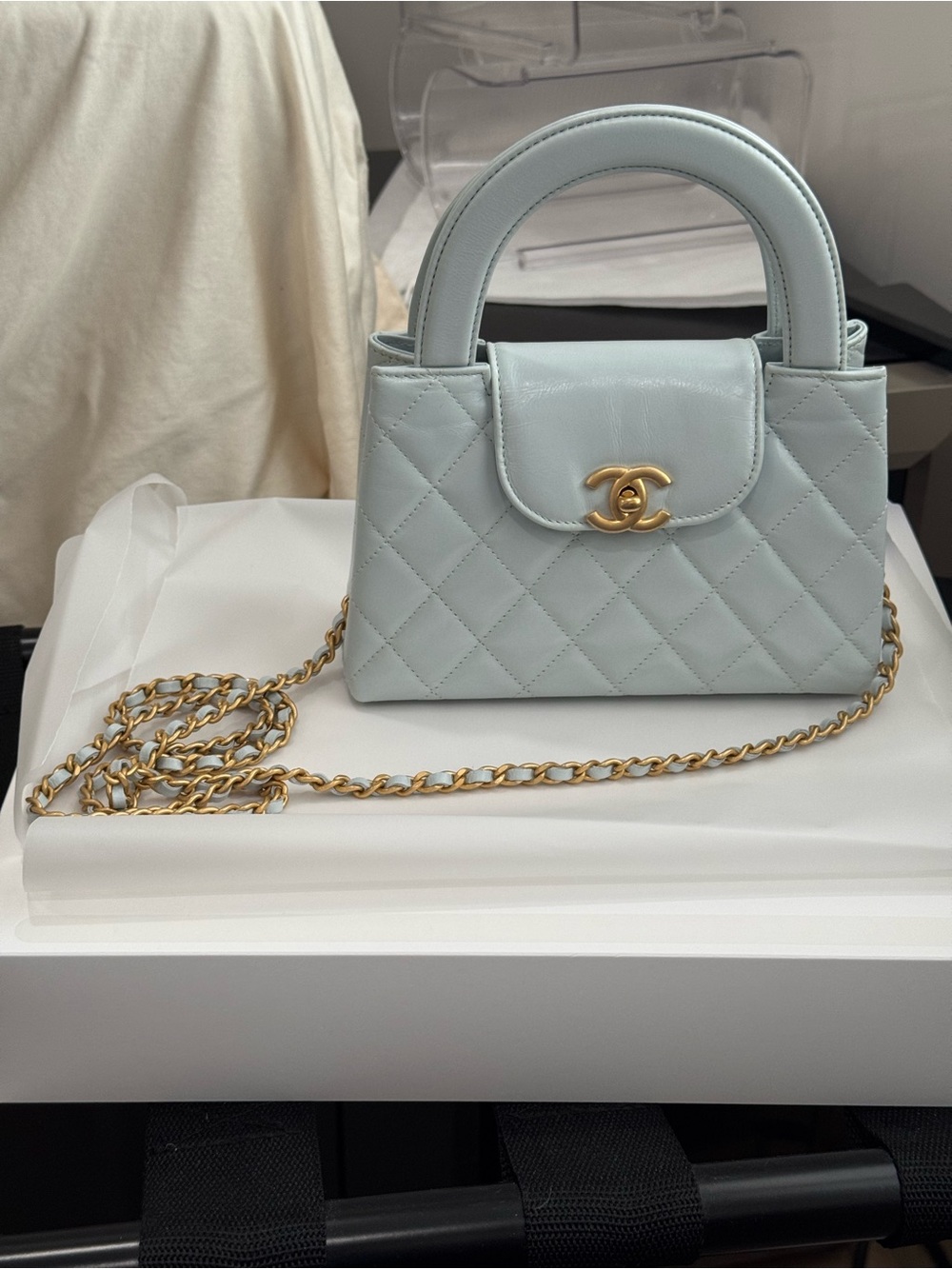 CHANEL Nano Shopping Bag (Kelly) Light Blue Quilted Mini Top-Handle
